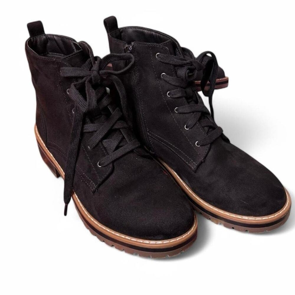 Kensie Black Faux Suede Combat Ankle Boots Women’s 8.5 Lace Up Side Zip